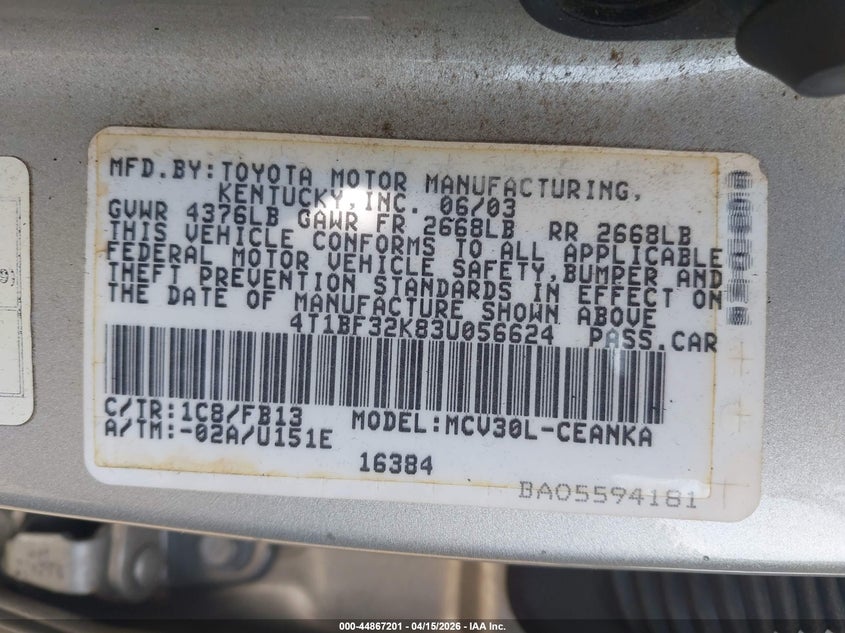 2003 Toyota Camry Le V6 VIN: 4T1BF32K83U056624 Lot: 44867201