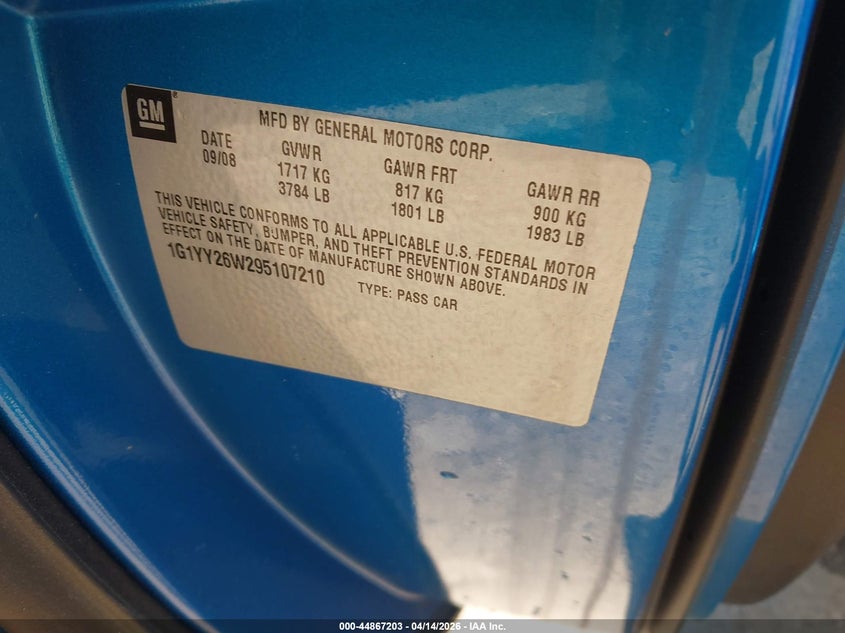 2009 Chevrolet Corvette VIN: 1G1YY26W295107210 Lot: 44867203