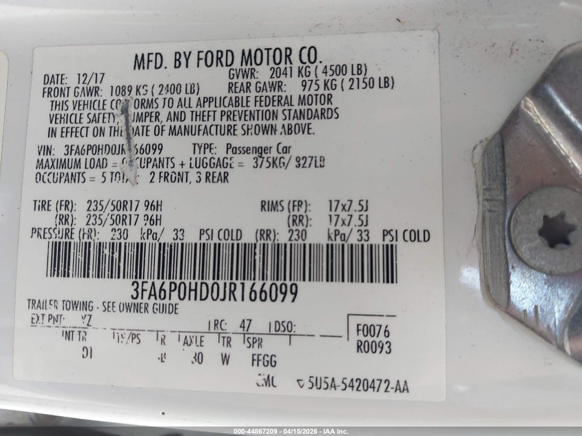2018 FORD FUSION SEDAN 1.5L I-4 DI, DOHC, VVT, TURBO, 181HP