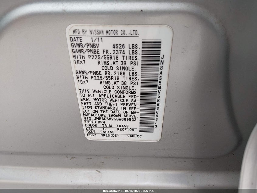 2011 Nissan Rogue Sv VIN: JN8AS5MV5BW669533 Lot: 44867218