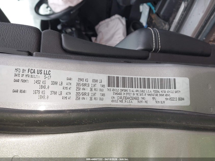 2017 Jeep Grand Cherokee Limited 4X4 VIN: 1C4RJFBG4HC924663 Lot: 44867222