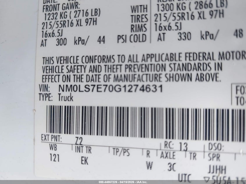 2016 Ford Transit Connect Xl VIN: NM0LS7E70G1274631 Lot: 44867226