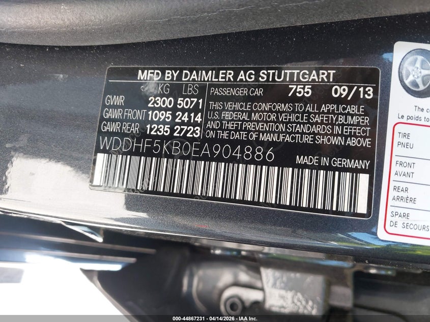 2014 Mercedes-Benz E 350 VIN: WDDHF5KB0EA904886 Lot: 44867231