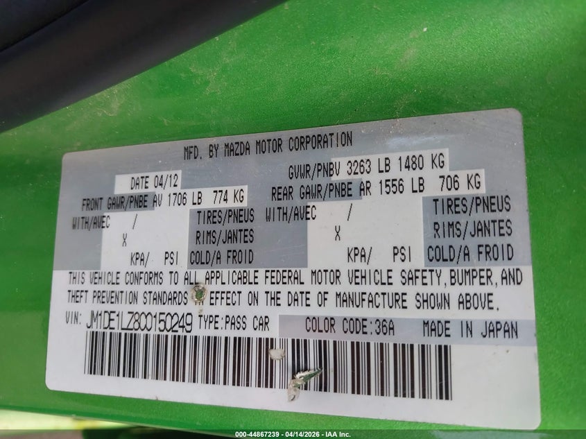 2012 Mazda Mazda2 Touring VIN: JM1DE1LZ8C0150249 Lot: 44867239