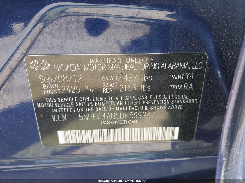 2013 Hyundai Sonata Limited 2.0T VIN: 5NPEC4AB5DH599247 Lot: 44867241