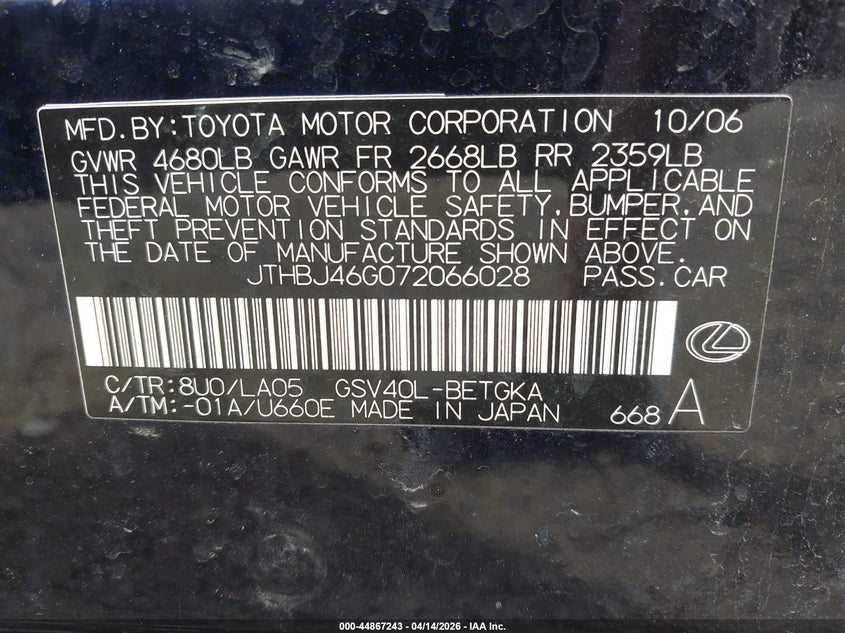 2007 Lexus Es 350 VIN: JTHBJ46G072066028 Lot: 44867243