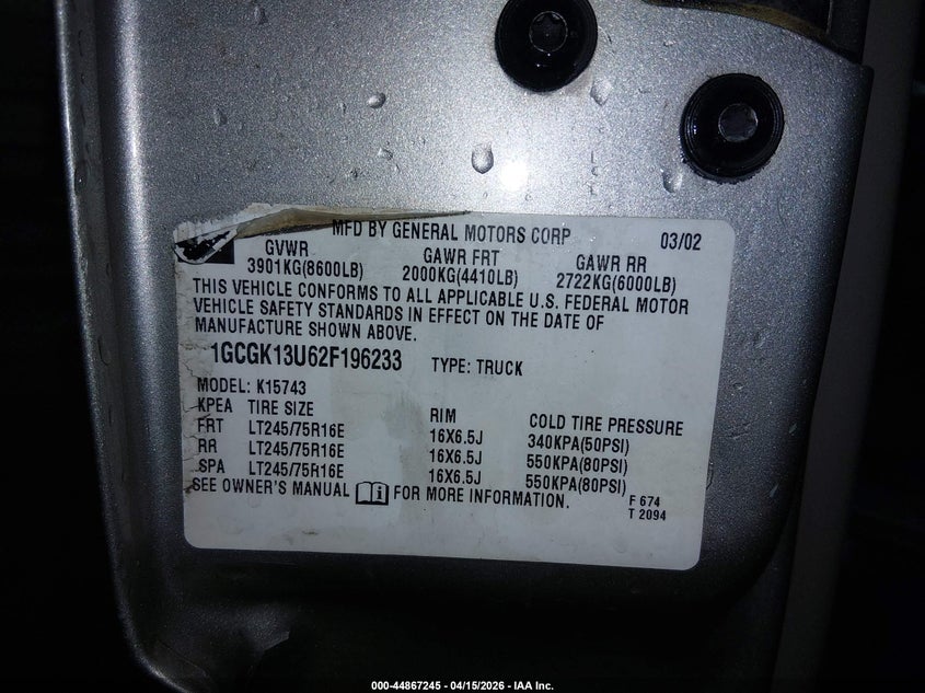 2002 Chevrolet Silverado 1500Hd Ls VIN: 1GCGK13U62F196233 Lot: 44867245