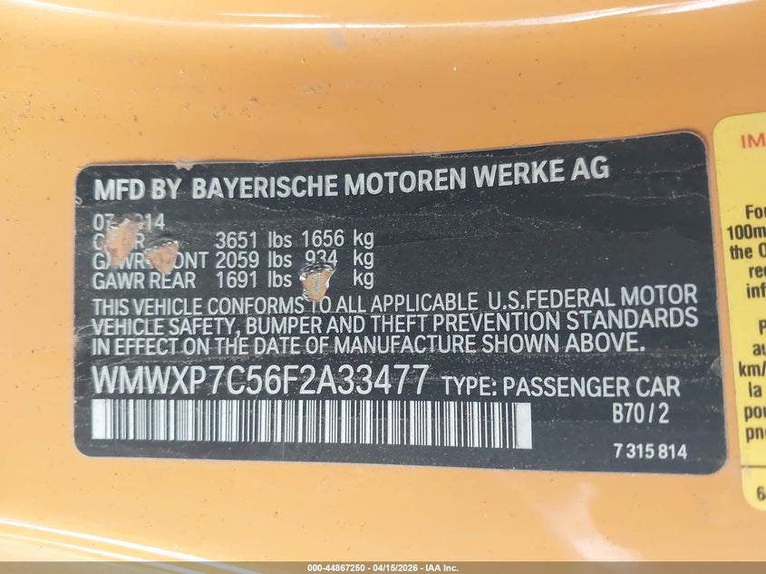 2015 Mini Hard top 2.0 Mini Hardtop Cooper S orange Lot 111044867250 Vin WMWXP7C56F2A33477