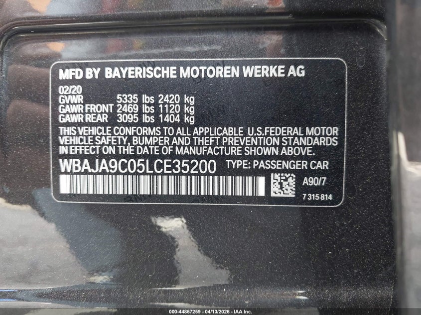 2020 BMW 530E Iperformance VIN: WBAJA9C05LCE35200 Lot: 44867259