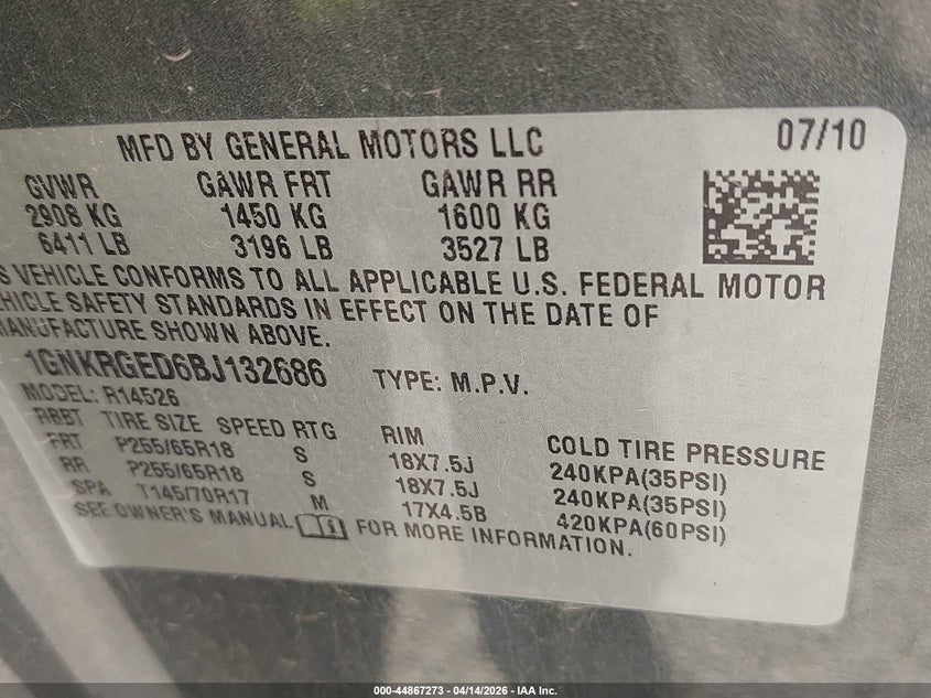 2011 Chevrolet Traverse 1Lt VIN: 1GNKRGED6BJ132686 Lot: 44867273