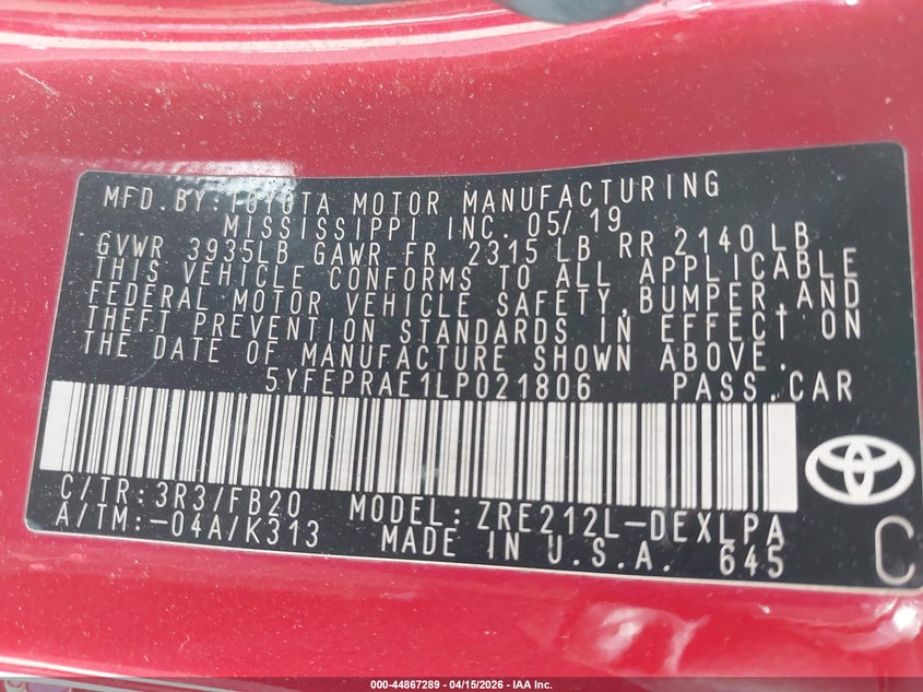 2020 Toyota Corolla Le VIN: 5YFEPRAE1LP021806 Lot: 44867289