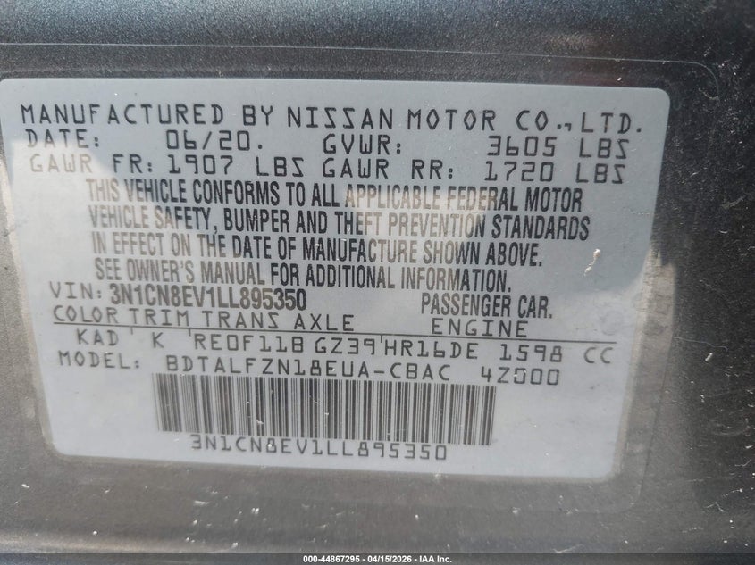 2020 Nissan Versa Sv Xtronic Cvt VIN: 3N1CN8EV1LL895350 Lot: 44867295