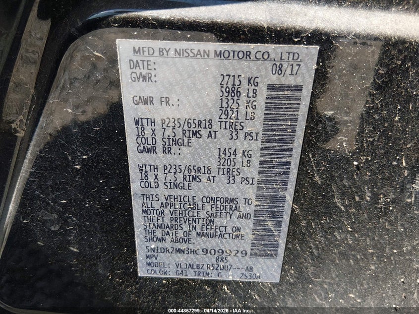 2017 Nissan Pathfinder S VIN: 5N1DR2MN3HC909929 Lot: 44867299