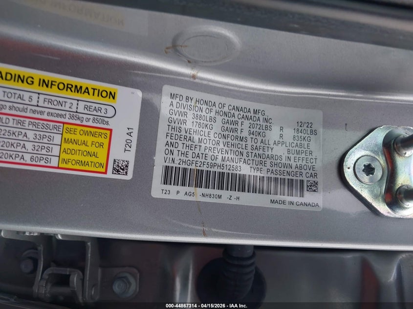 2023 Honda Civic 2.0 Sport Grey Lot 111044867314 Vin 2HGFE2F59PH512583