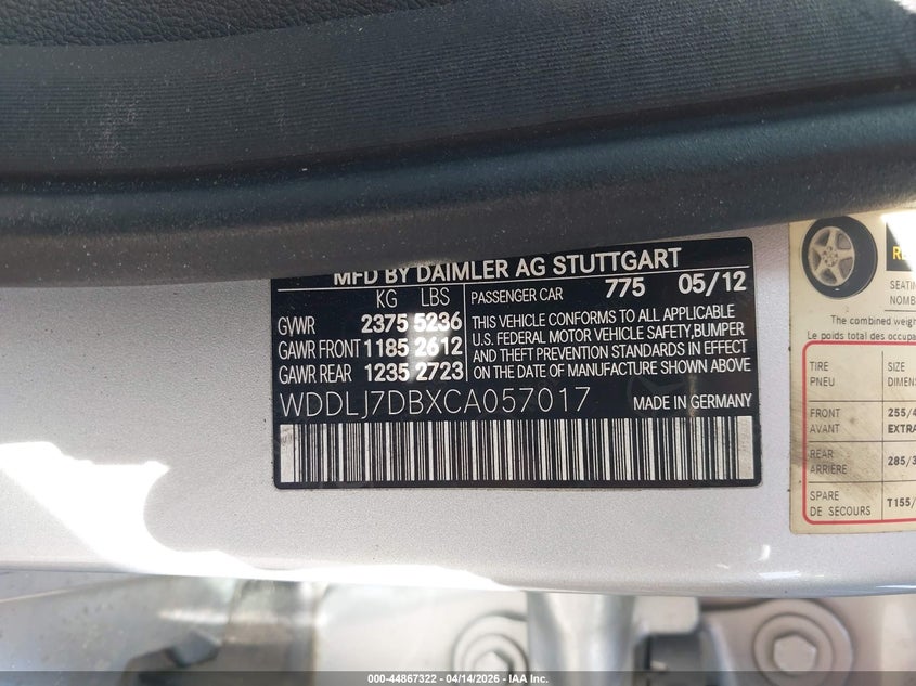2012 Mercedes-Benz Cls 550 VIN: WDDLJ7DBXCA057017 Lot: 44867322