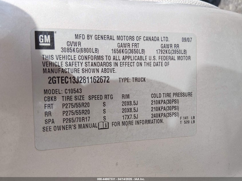 2008 GMC Sierra 1500 Sle1 VIN: 2GTEC13J281162672 Lot: 44867331