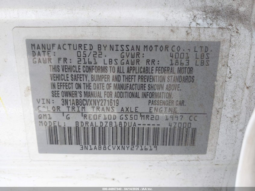 2022 Nissan Sentra Sv Xtronic Cvt VIN: 3N1AB8CVXNY271619 Lot: 44867340