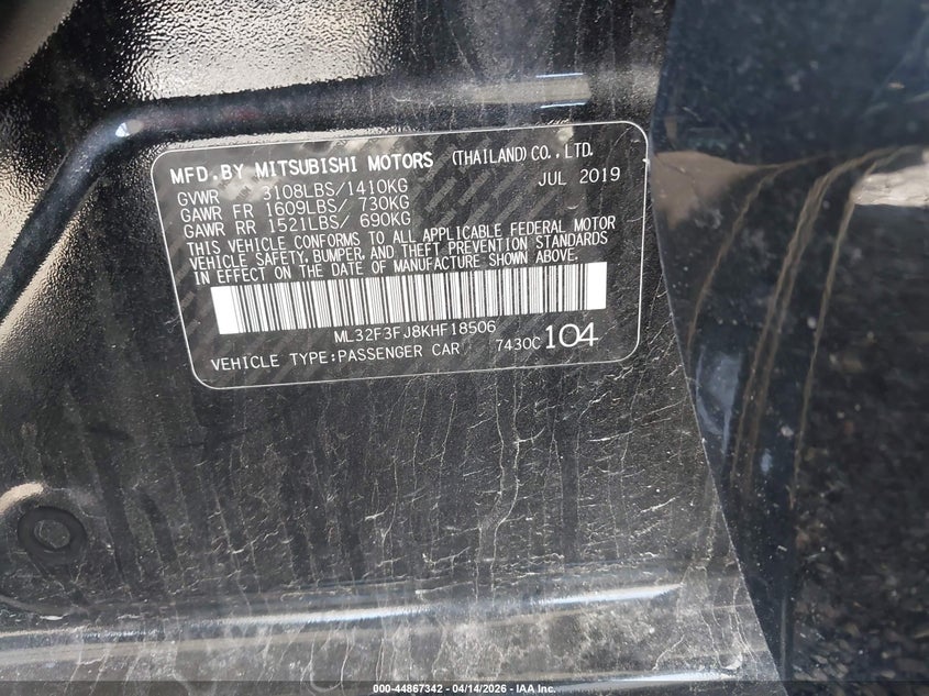 2019 Mitsubishi Mirage G4 Es VIN: ML32F3FJ8KHF18506 Lot: 44867342