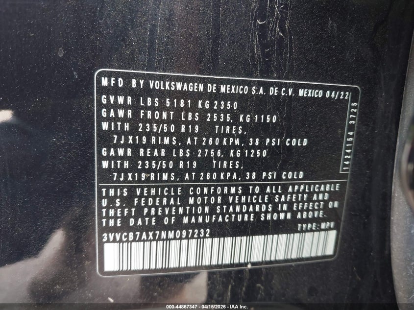 2022 Volkswagen Tiguan 2.0T Se R-Line Black VIN: 3VVCB7AX7NM097232 Lot: 44867347