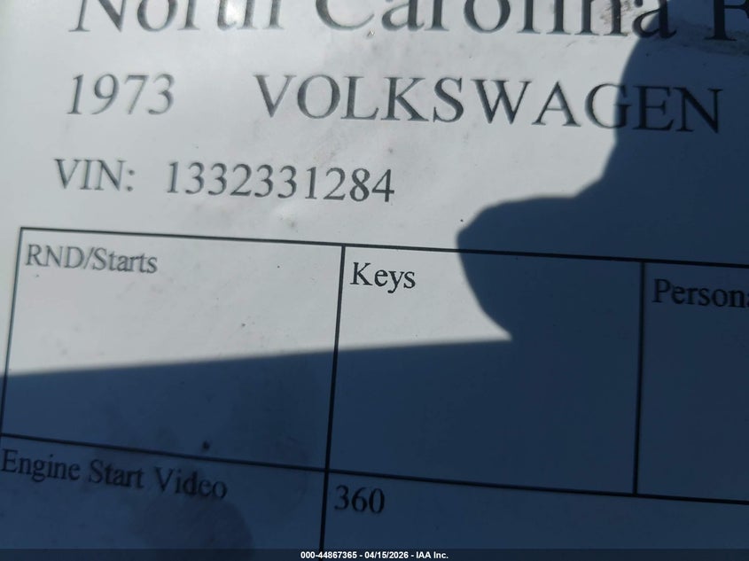 1973 Volkswagen Beetle VIN: 1332331284 Lot: 44867365
