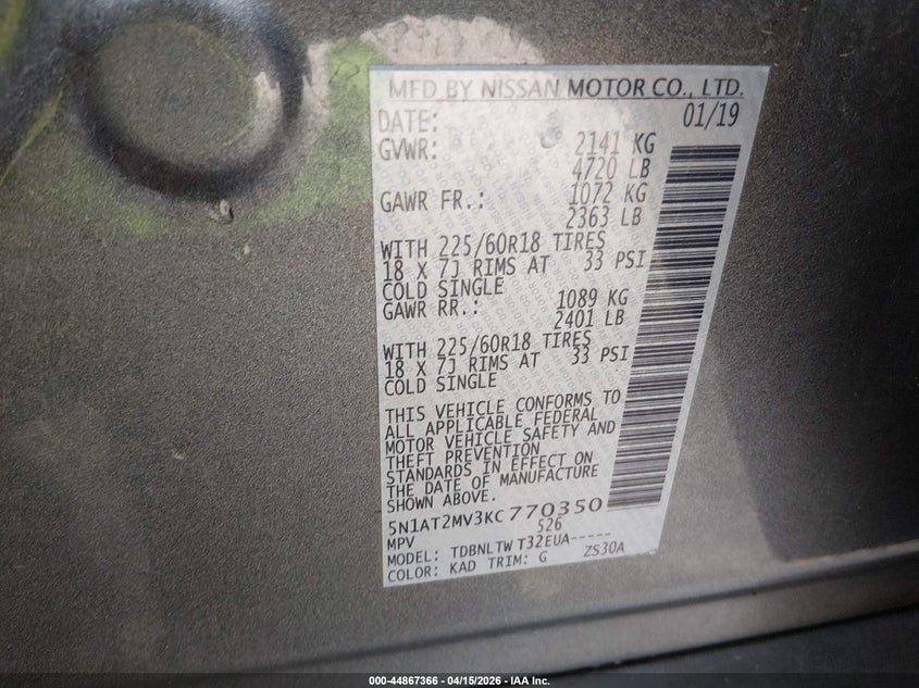 2019 Nissan Rogue Sv VIN: 5N1AT2MV3KC770350 Lot: 44867366