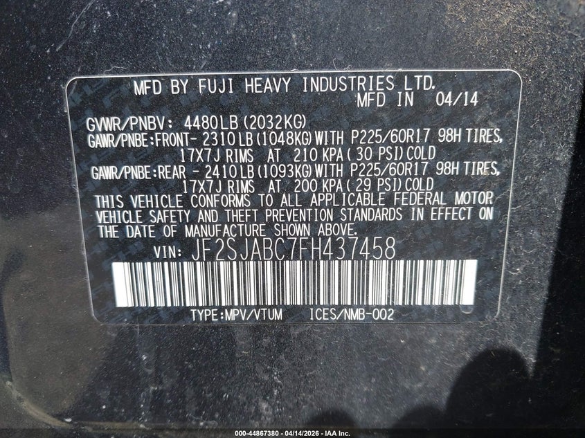 2015 Subaru Forester 2.5I VIN: JF2SJABC7FH437458 Lot: 44867380