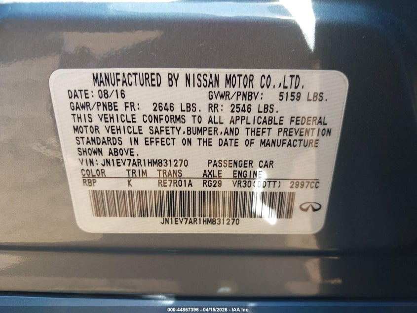 2017 Infiniti Q50 3.0T Sport VIN: JN1EV7AR1HM831270 Lot: 44867396