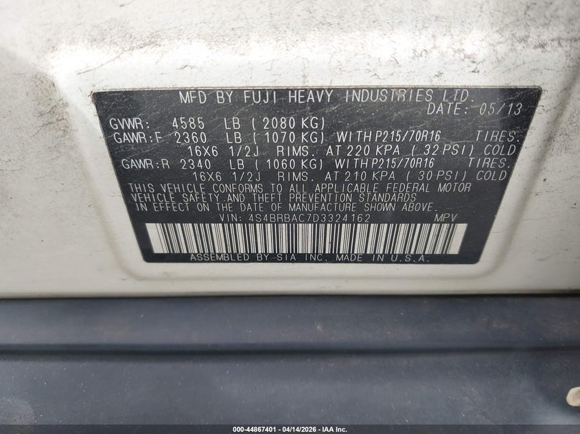 2013 Subaru Outback 2.5I VIN: 4S4BRBAC7D3324162 Lot: 44867401
