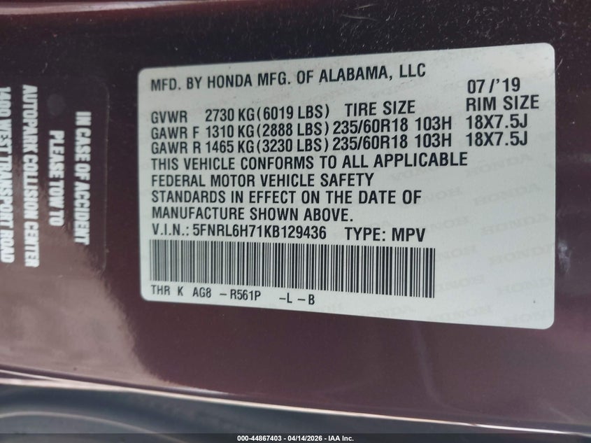 VIN 5FNRL6H71KB129436 2019 HONDA ODYSSEY EX-L
