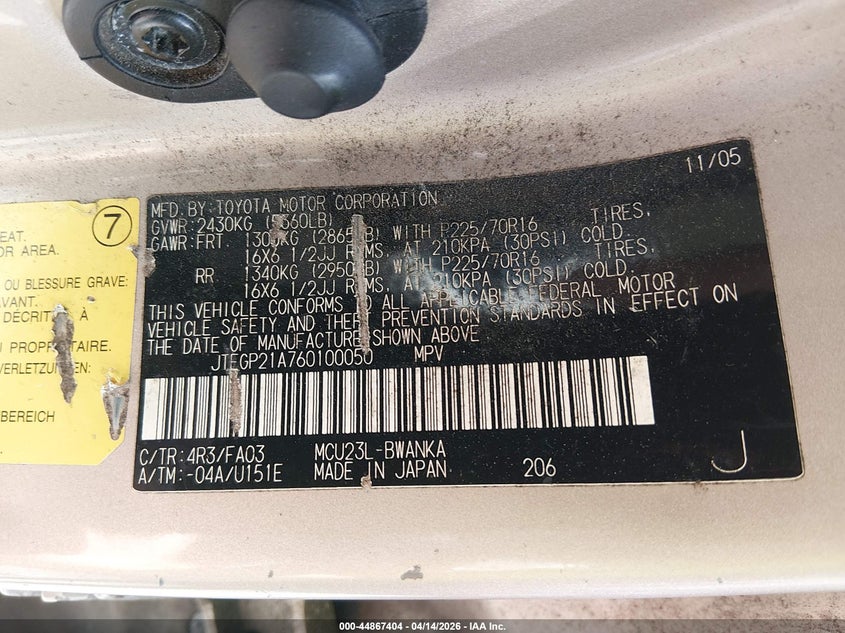 2006 Toyota Highlander Sport V6/V6 VIN: JTEGP21A760100050 Lot: 44867404