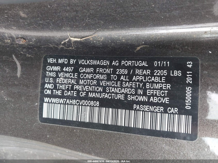 2012 Volkswagen Eos Komfort VIN: WVWBW7AH8CV000808 Lot: 44867416