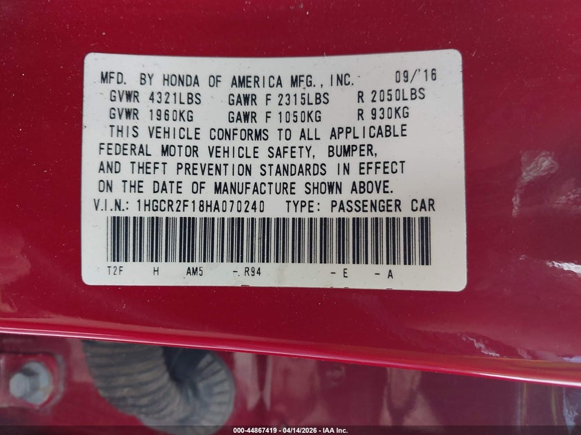 VIN 1HGCR2F18HA070240 2017 HONDA ACCORD SPORT SE