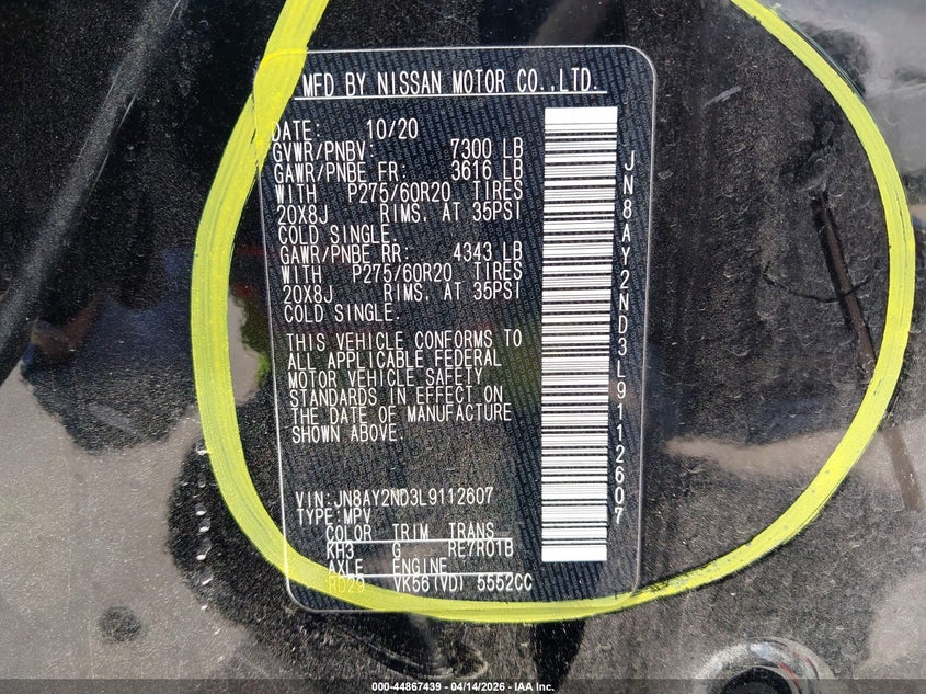 2020 Nissan Armada Sl 2Wd VIN: JN8AY2ND3L9112607 Lot: 44867439