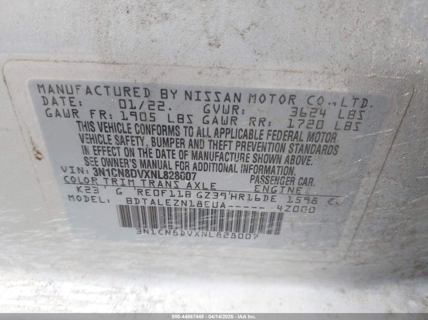 2022 Nissan Versa 1.6 S Xtronic Cvt VIN: 3N1CN8DVXNL828007 Lot: 44867448