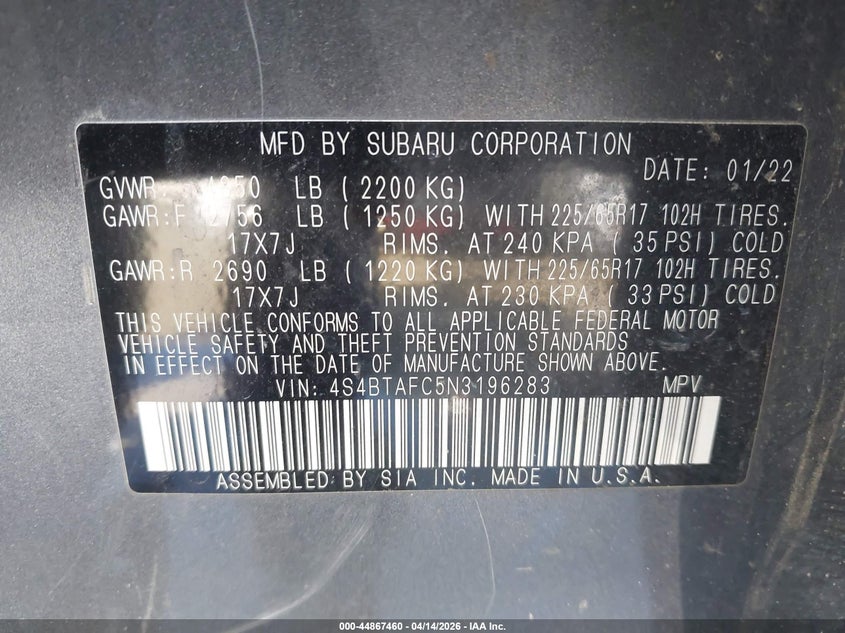 2022 Subaru Outback Premium VIN: 4S4BTAFC5N3196283 Lot: 44867460