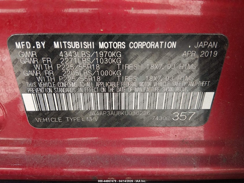 2019 Mitsubishi Outlander Sport 2.0 Es VIN: JA4AP3AU8KU030226 Lot: 44867479