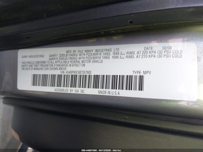 2008 Subaru Outback VIN: 4S4BP60C687357683 Lot: 44867490