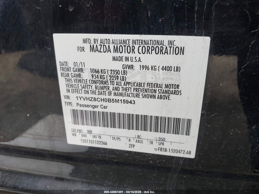 2011 Mazda Mazda6 I Touring VIN: 1YVHZ8CH0B5M15943 Lot: 44867491