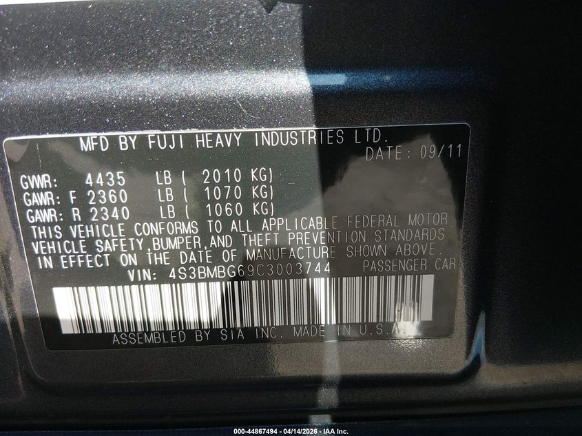 2012 Subaru Legacy 2.5I Premium VIN: 4S3BMBG69C3003744 Lot: 44867494