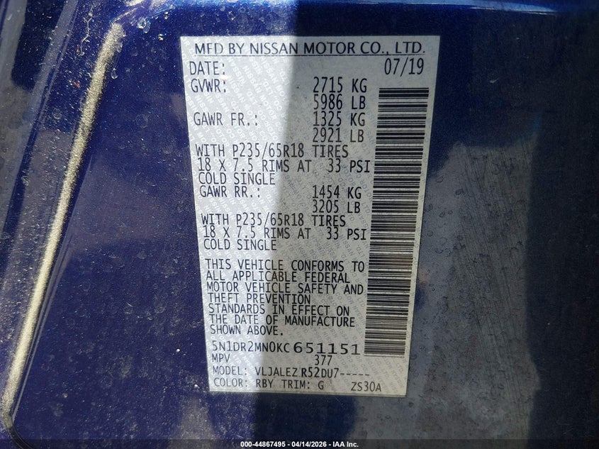 2019 Nissan Pathfinder Sv VIN: 5N1DR2MN0KC651151 Lot: 44867495