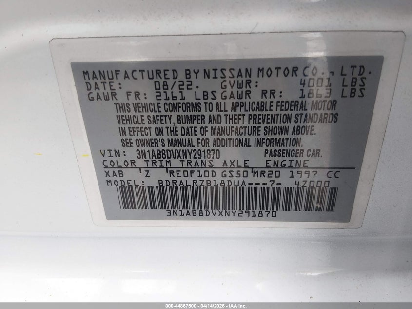 2022 Nissan Sentra Sr Xtronic Cvt VIN: 3N1AB8DVXNY291870 Lot: 44867500