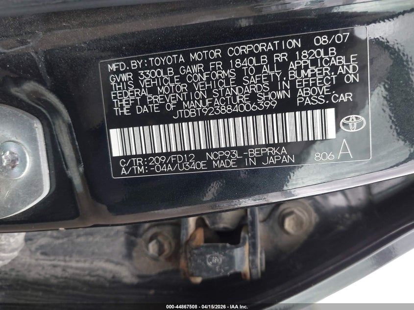 2008 Toyota Yaris VIN: JTDBT923884006399 Lot: 44867508