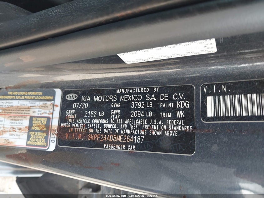 2021 Kia Forte Lxs VIN: 3KPF24AD8ME264187 Lot: 44867509
