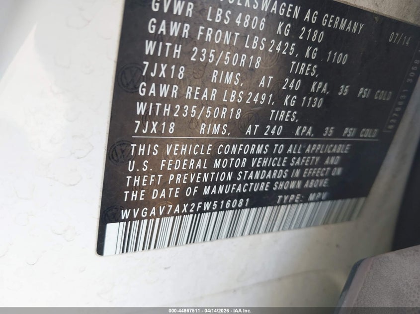 2015 Volkswagen Tiguan Se VIN: WVGAV7AX2FW516081 Lot: 44867511