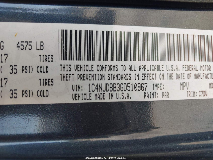 2016 Jeep Compass Sport VIN: 1C4NJDBB3GD510967 Lot: 44867515