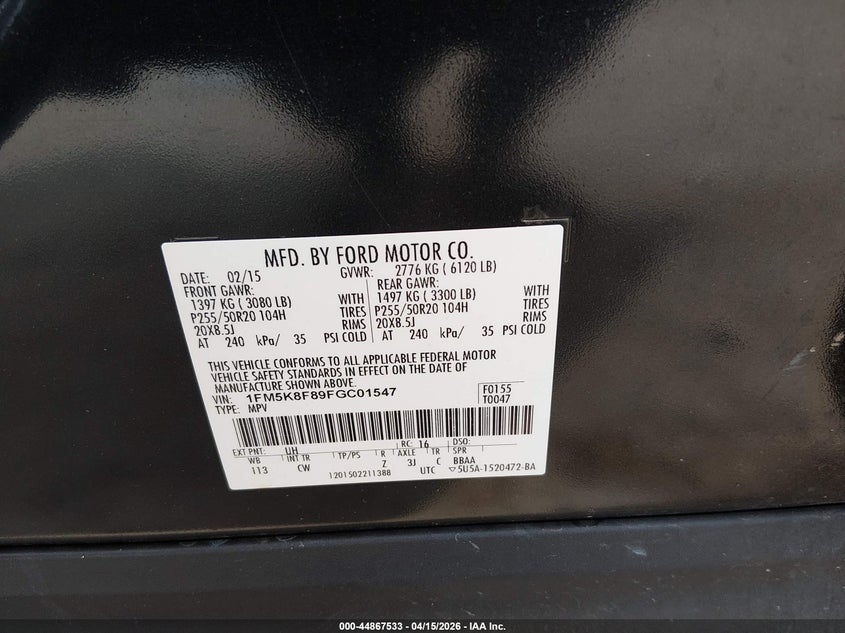 2015 Ford Explorer Limited VIN: 1FM5K8F89FGC01547 Lot: 44867533