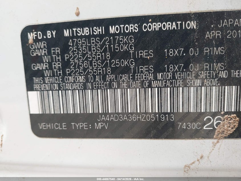 2017 Mitsubishi Outlander Se VIN: JA4AD3A36HZ051913 Lot: 44867540