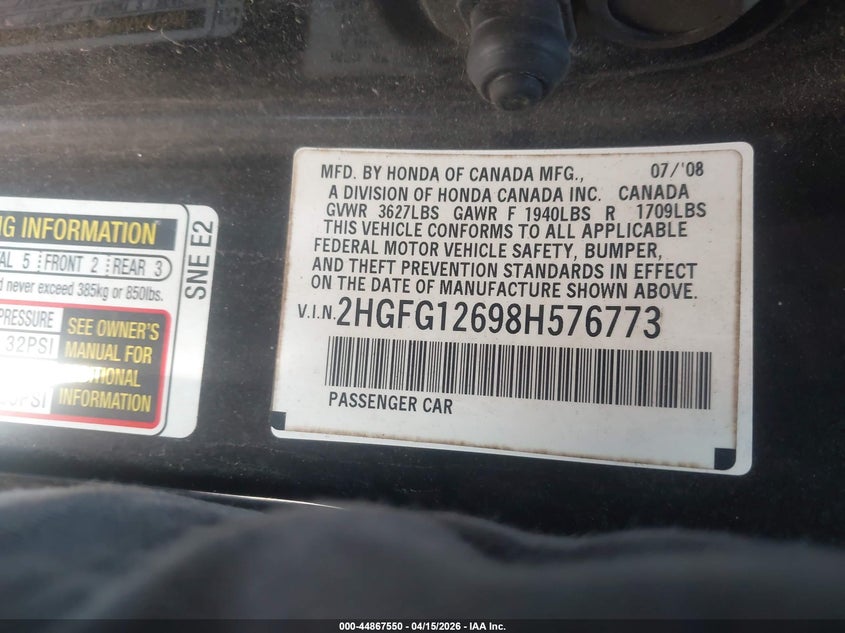 2008 Honda Civic Lx VIN: 2HGFG12698H576773 Lot: 44867550