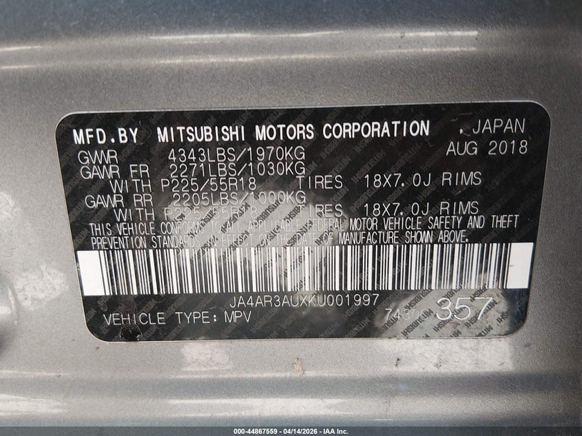 2019 Mitsubishi Outlander Sport 2.0 Se VIN: JA4AR3AUXKU001997 Lot: 44867559