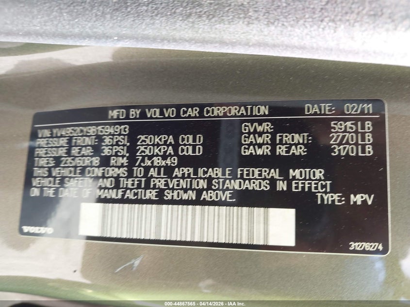 2011 Volvo Xc90 3.2 VIN: YV4952CY9B1594913 Lot: 44867565